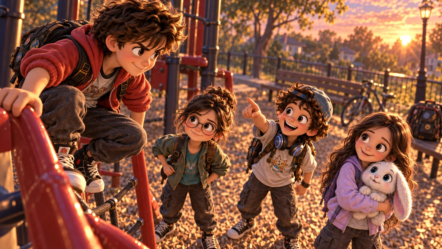 The four children at the playground at golden hour